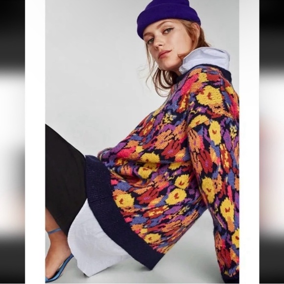 Zara Chunky Floral Jaquard Colorful Sweater Oversized Baggy Loose Bold Retro M - Picture 5 of 14